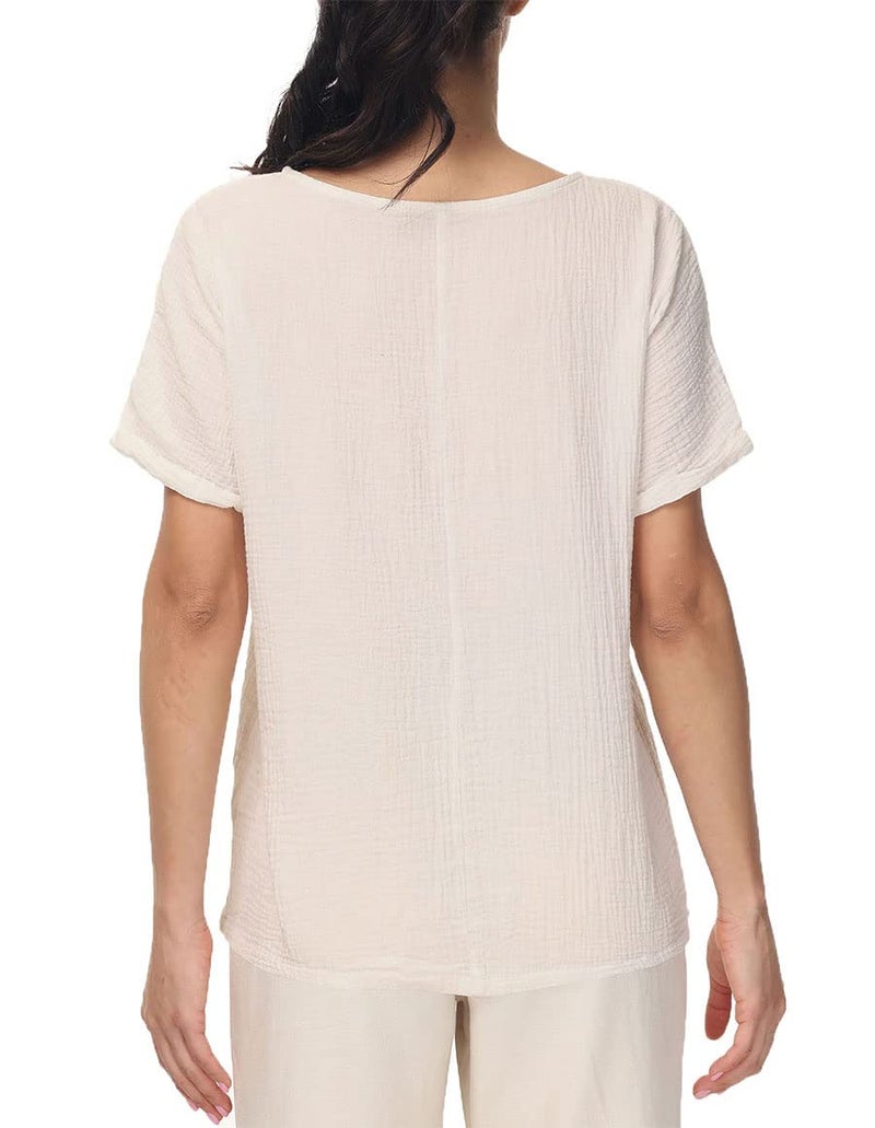 Soojun Women's Cotton Linen Round Collar Boxy Top Patchwork Blouses Beige, Large - Image 2